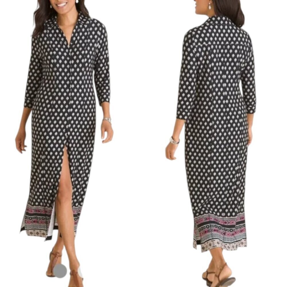 Chico's Diamond Black Tan Print Button Front Maxi Dress